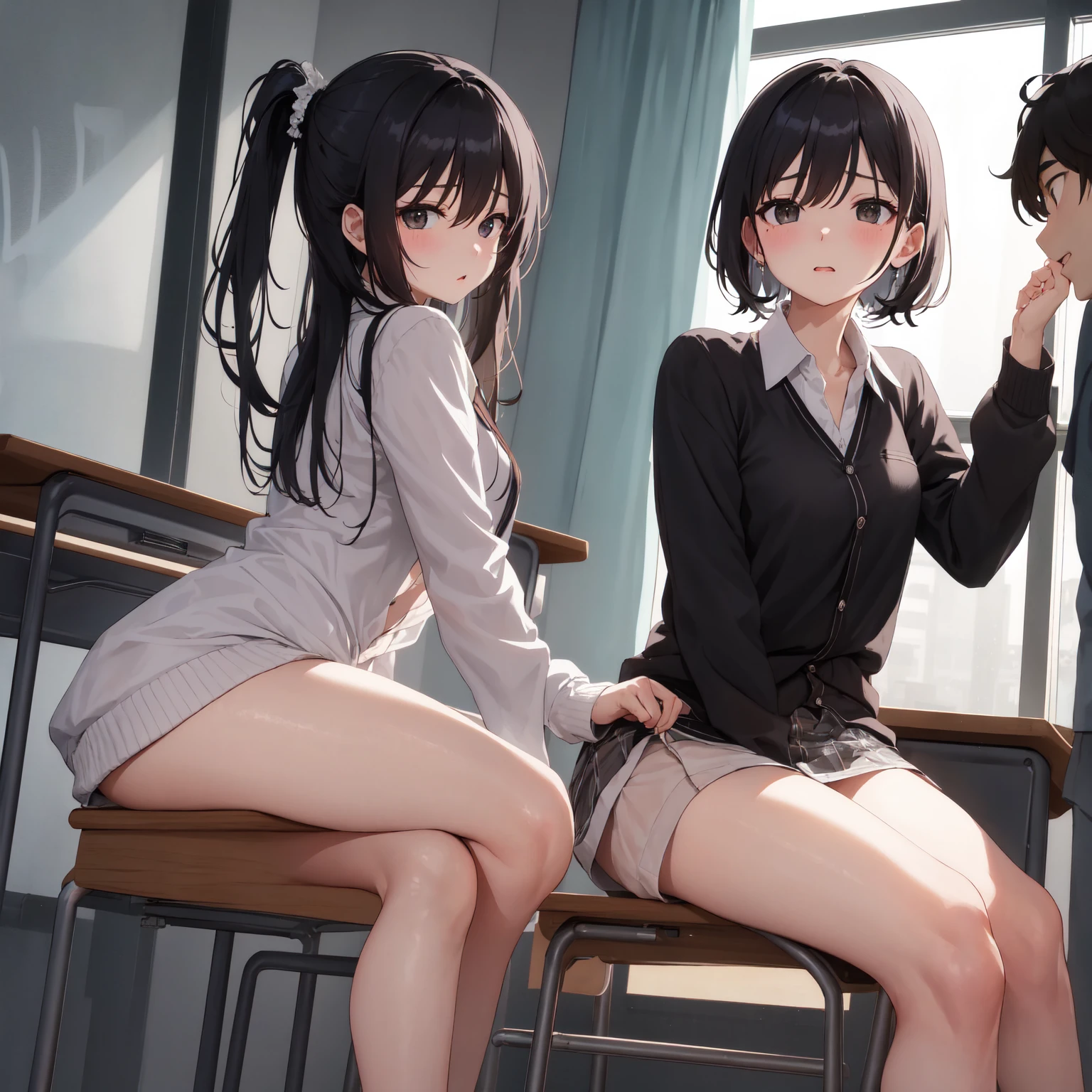 tmasterpiece,best qualtiy,(1 faceless boy:1.3),(pantyless,The erection)(The boy scratches his chest:1.1),1个Giant Breast Girl。(校服:1.2),cabelos preto e longos,with brown eye,(Classroom:0.8),(the sunset:0.7),(mediuml breasts:1.4),(Sad smile:0.8) --auto