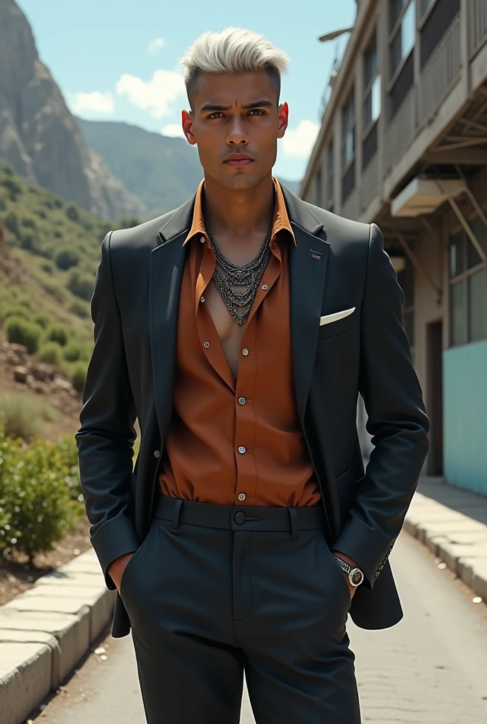 Indian, A 22 years old young boy with realistce face and body, stylish short hair cut, black hair , fitness body and muscle, olive skin tone, wearing a white shirt attached blue blazer and jeans, fucherstie baground, haily detailed pictures, HDR ,rew image.