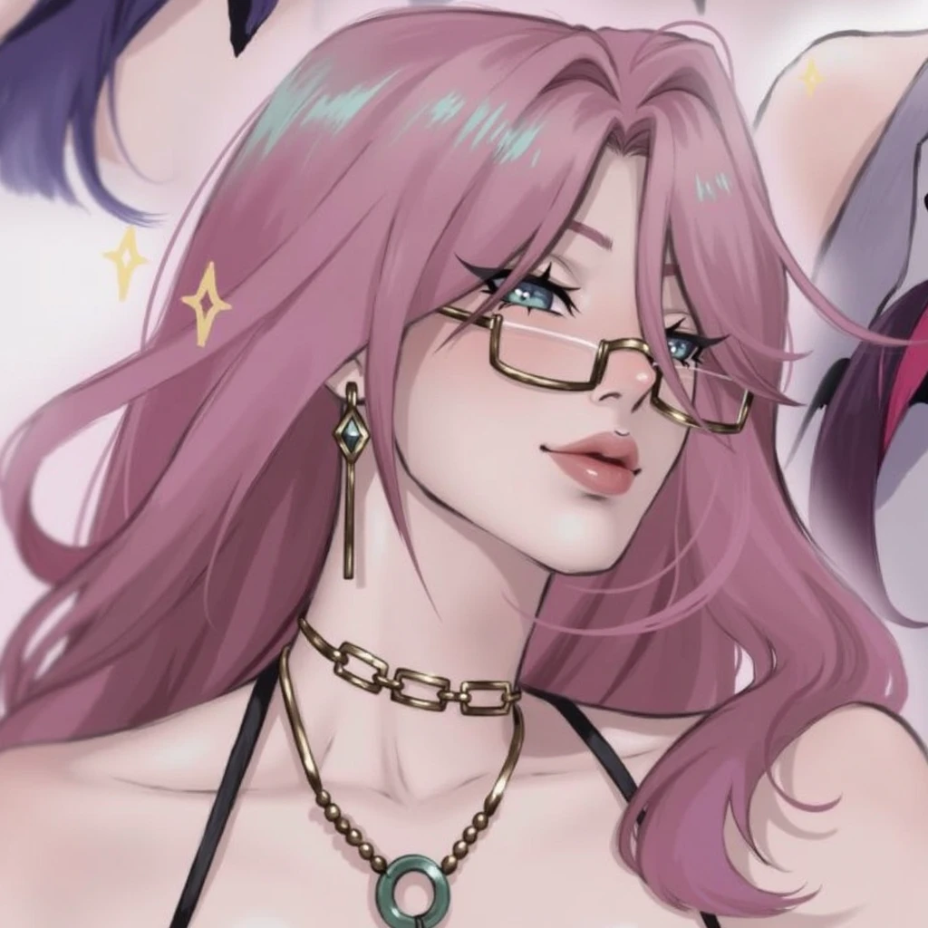 (Potrat:1.4), (tmasterpiece:1.2, top-quality:1.2), from the above, Upper part of the body, 1 girl in, look up to, surface focus, The facial details are particularly rich, extremely detailed eye, goodlooking, cosmetics, Putting finger on lip, sun glasses, Fashion clothing, ear nipple ring,comic strip、catss