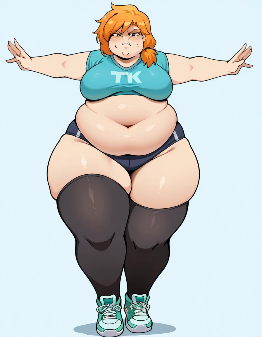 (masterpiece, highest quality:1.2), (half-body-shot (cowboy shot):1.3), solo, 1girl, 45-year-old, mature female, milf, milf-figure, pale, long red hair, (green eyes:1.2), (Wearing: blue tank-top, shiny black leggings, sneakers:1.2), ,expressionless, sexy, very beautiful face, curvy, chubby, (wide figure, chubby figure:1.2), fat rolls, belly rolls, soft, blue tank-top, leggings, muffin top, big deep navel, tight out, love handles, wide hips, curvy, thunder thighs