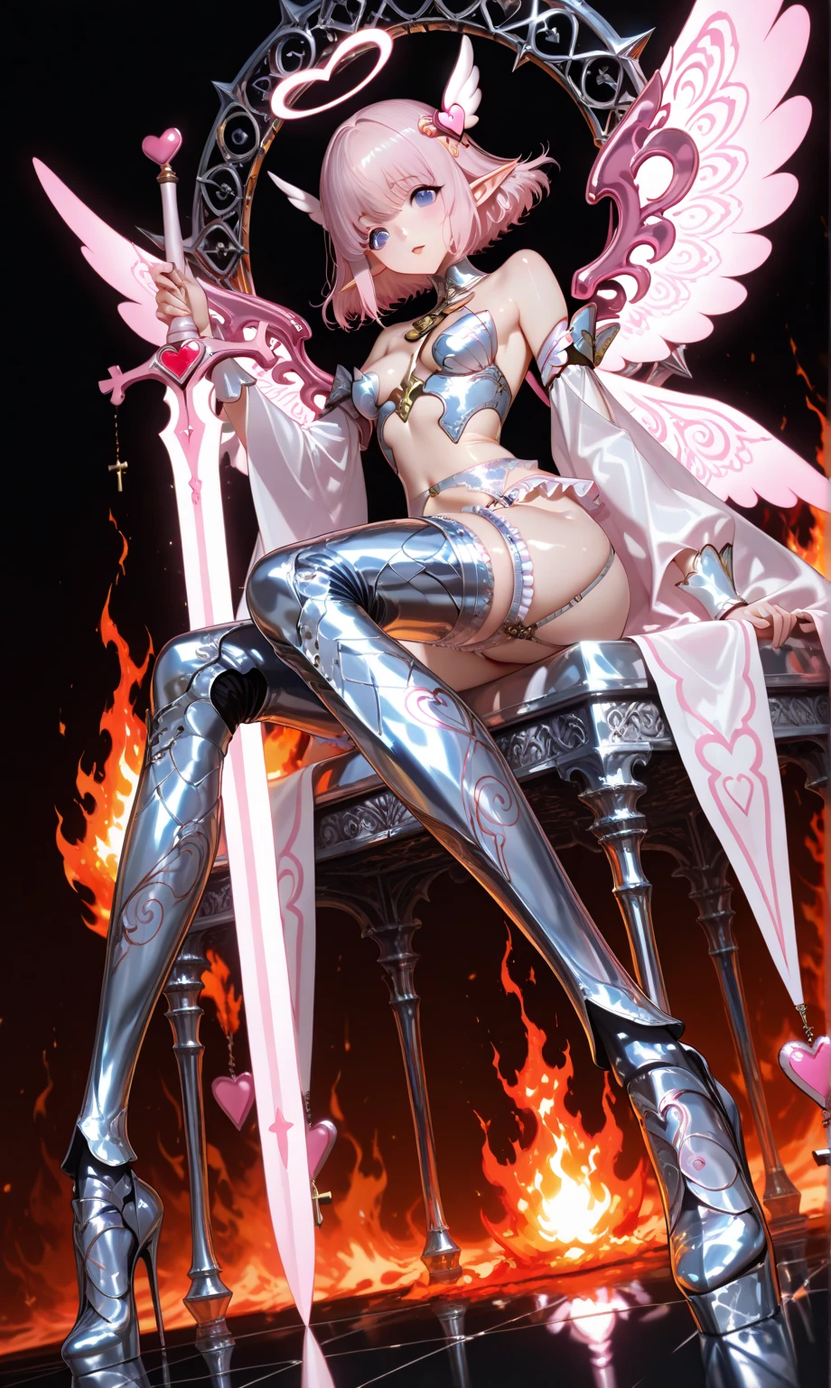 (((nsfw:1.9))), (Perfect Anatomy)、Mastepiece、Ultra High Quality、 8K、masterpiece、Highest quality、Ultra-high resolution、Maximum resolution、Very detailed、Professional Lighting、anime、woman、thin、so beautiful、Highly detailed eye、Highly detailed face、Golden earrings、Pink Hair,、Pink eyes、Mid-chest, pink lips, upper arm pink armor, white leotard, pink pattern, full body, magical girl, Angel Girl, Are standing, pink thigh high stockings, white super long boots, pink gauntlet, high heels, hime cut, bridal hair accessory, (((Summoning a magic sword))), Opening legs outwards, glowing eyes, madeon, Biopunk, Creating wind with wings, (((Forming a magical shield))), Enveloped in a magical aura, Firing magical arrows, spread legs(((attack with sword))), angry, (dynamic angle), (dynamic pose), action painting, gestural marks, dynamic brushwork, expressive motion, spontaneous technique, abstract expressionism, energetic compositions,  (((torn clothes:1.9))),