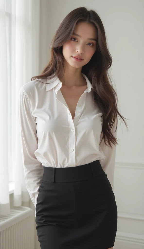 (1young woman), kawaii face, (highly detailed face), Amazing face and eyes, (Best Quality:1.4), (Ultra-detailed), (extremely detailed CG unified 8k wallpaper), Highly detailed, High-definition raw color photos, Professional Photography, Realistic portrait, Amazing face and eyes, Pink eyes, indoors, office, (office lady, shirt, miniskirt, unbuttoned shirt:1.3), model, depth of fields, (fine face:1.2),