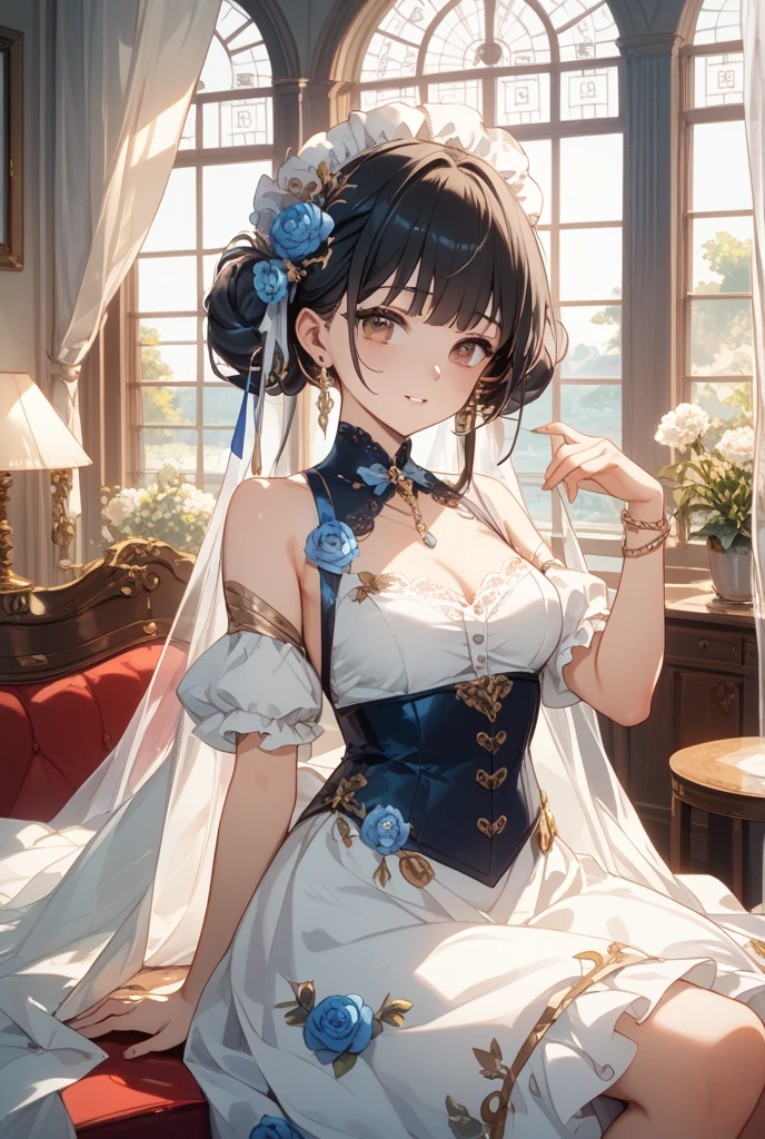 masterpiece, best quality, ultra detailed, detailed eyes, sparkling eyes, nsfw, ((large breasts)), (((see through))), 1girl, The image features a young woman with long, dark hair adorned with a golden hair accessory and a blue ribbon. She has a fair complexion and striking blue eyes. Her attire is a blend of elegance and modern fashion, characterized by a black, lace-trimmed halter dress that accentuates her figure. The dress has intricate details, including a high neck with lace accents, a fitted bodice, and gold chain decorations around the waist and hips. She is standing in a beautifully decorated indoor space filled with vibrant yellow and white flowers, creating a warm and inviting atmosphere. The background showcases large, arched windows that allow natural light to flood the scene, highlighting the floral arrangements and adding a soft glow to the overall setting. The woman’s expression is gentle and somewhat contemplative, as she touches her face lightly with one hand, giving the image a serene and intimate feel.