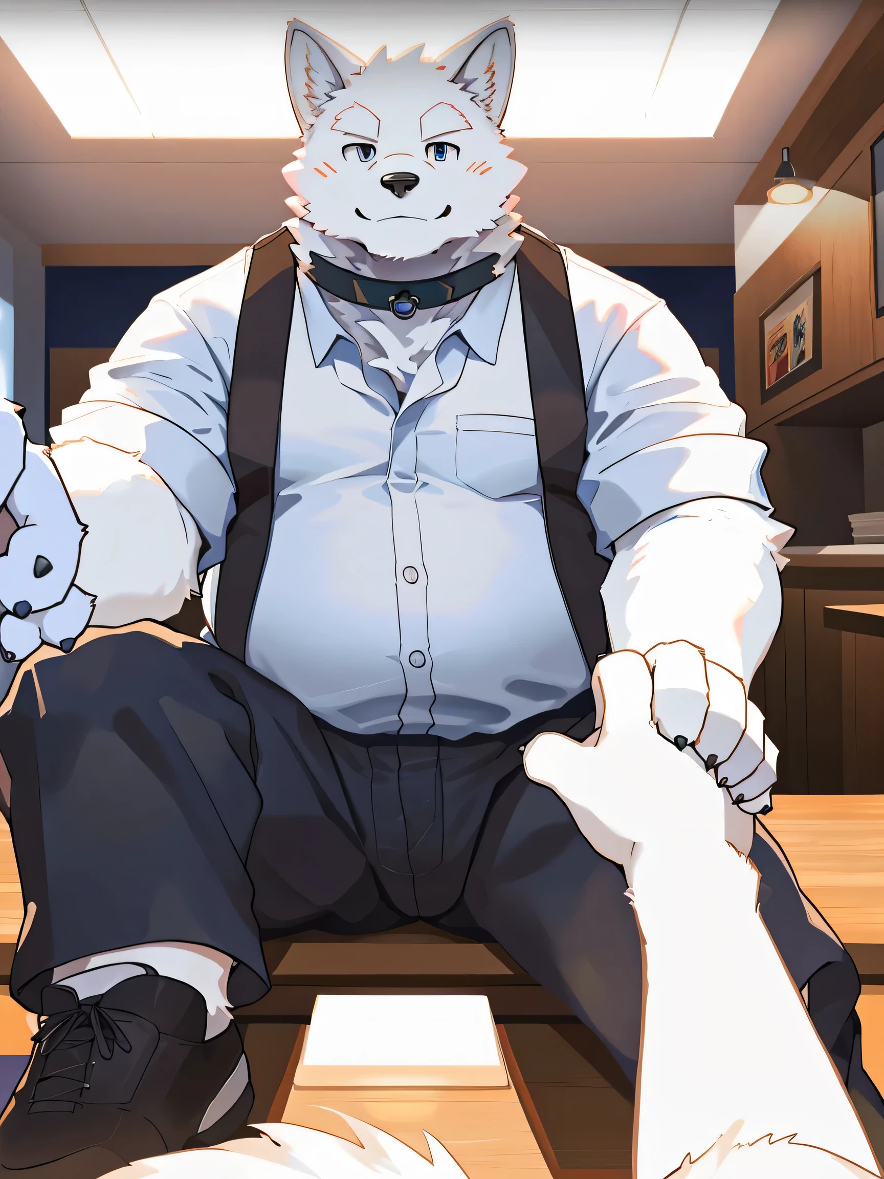 ((All white fur:1.5)), solo, perfect sky blue eyes, Spiky Choker , ( artist :Aramaki Takehito), Mature face, Elderly , longeyelashes, (Lend a helping hand:1.5), (Clear facial details), wearing a big white shirt|black pants, , A snow wolf is sitting in a street cafe, putting the arm on the table, ((Reveal most of the background )), This is a warm scene,More background details on the front, ( 角色的正面 :1.3), Happiness, Smiley Face, The camera caught, tone, panoramic, perspective, first person view from bottom left corner, best quality, ultra high definition, super detailed, height detail, anatomically correct, 8,000,Chubby
