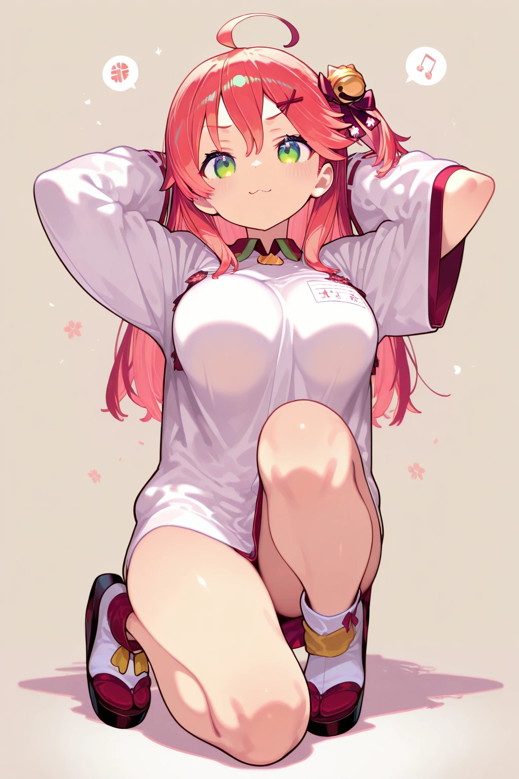 score_9, score_8_up, score_7_up, source_anime, fate_(series) high quality, masterpiece, (1girl), pov, young, cowboy shot, cowgirl position, cowgirl, girl on top, gym uniform, shirt lift, nipples, buruma aside, pussy, (large penis), large insertion, vaginal, sex, twintails, flower background, pastel colors,