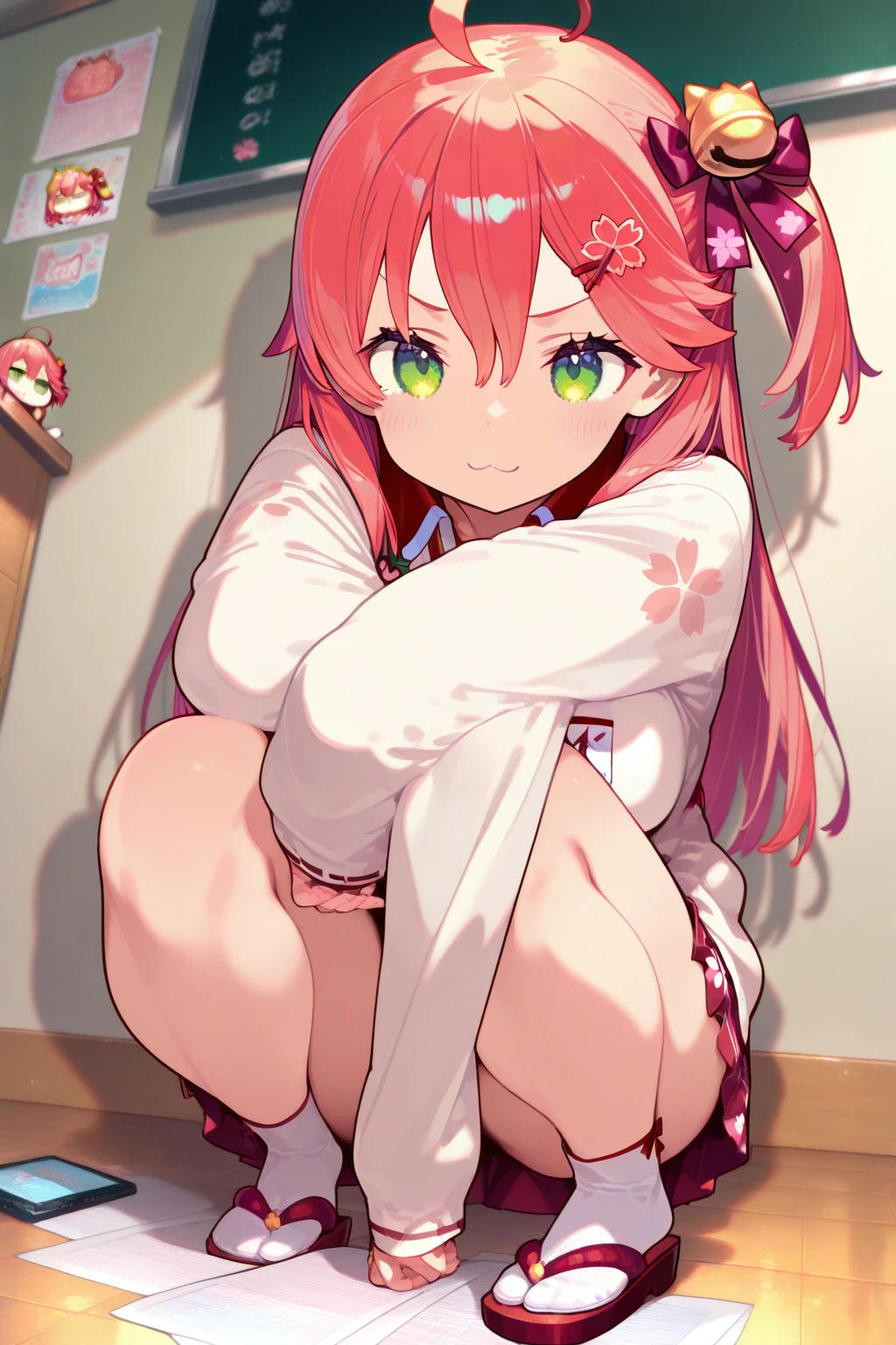 best quality, very aesthetic, Super detailed, best illustration, Dark blue one piece school swimsuit,bangs, pink_hair, blunt_bangs, hair_ornament, butterfly_hair_ornament, black_ribbon, blue_eyes, blush, hair_ribbon, twintails, long_hair, full body, nsfｗ, pussy focus, 1girl, おっぱい