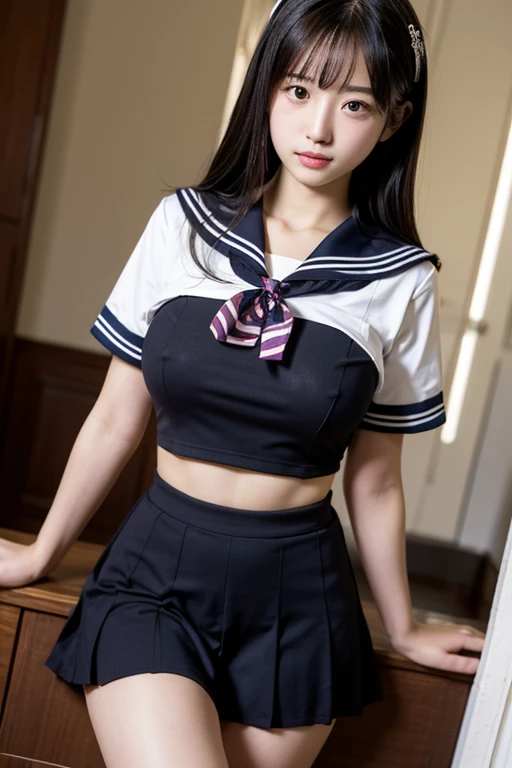 (8K, RAW Photos, Highest quality, masterpiece:1.2), (professional photography, full colors, studio-caliber color grading), (Gravure quality for high-end fashion magazines),  BREAK,18 year old girl, short bob hair, crying a little, Harajuku style, Big Natural Color Lip, (Plumpy body:1 (smooth skin:1.1 (huge breasts.0  BREAK, Black Sailor Uniform, serafuku, Navy pleated skirt