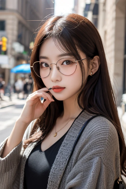 Woman posing on street corner, top quality, high resolution, 8k, single girl, outdoor, (street: 0.8), (people, crowd: 1), gorgeous, (medium hair), (dynamic pose: 0.8), (upper body: 1.2), soft lighting, wind, glossy skin, gaze, glasses
