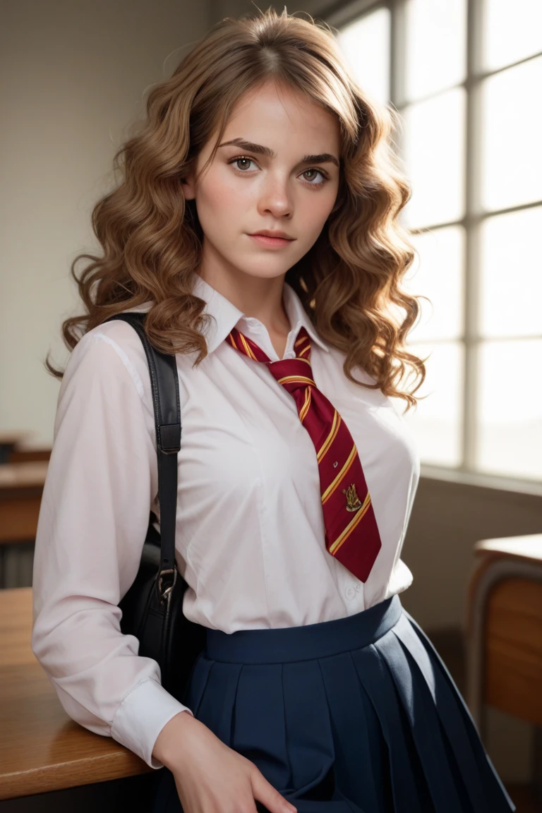 a beautiful picture of emma_watson as Hermione granger, smiling (with teeth), wearing sexy Gryffindor outfit ((short plaid skirt, revealing white shirt ((tied under breasts)))), ((cleavage)), ((sexy)) ,detailed skin texture,masterpiece, photorealistic, woman, 4k, light, RAW color photo,(full; body in frame:1.1), (goosebumps:0.5), detailed face, in Gryffindor common room, <lora:emma_watson:1> (18 years old), adult