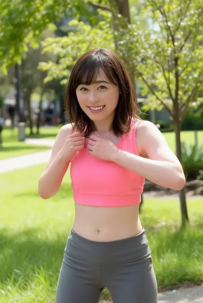 Beautiful and cute Japanese actress in her 50s、Gravure beauty in her 50s、pheromones、Erotic、Muchimuchi's body、slightly larger breasts、healthy body、Glamour、sports bra at outdoor gym,sportswear、whole body、Hair is tied back、Hair is semi-long to the shoulders、Charm、Tempting、an inviting atmosphere、surrounded by training equipment、training in progress