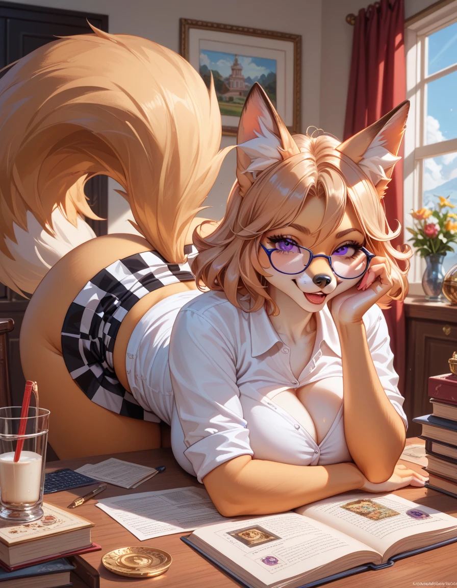 score_9, score_8_up, score_7_up, score_6_up, score_5_up, score_4_up, rating_safe, source_furry, a female anthro fluffy, 1girl, solo, female, furry, anthro, fluffy tail, small breasts, tiger, striped fur, yellow eyes, anthro, a tiger girl in black high stockings and white glasses next to a classroom blackboard, 1girl, chalkboard, thighhighs, skirt, clothes lift, solo, glasses, underwear, skirt lift, panties, furry, furry female, white panties, black thighhighs, lifted by self, black skirt, looking at viewer, shirt, classroom, white shirt, round eyewear, from behind, dat ass