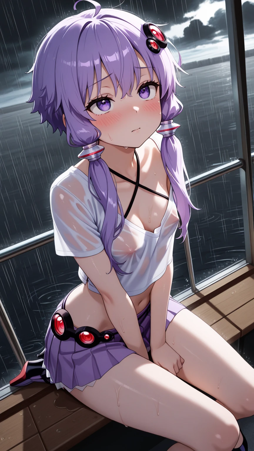 (((scrawny))),(Wheat skin),(Dark Skin),((high school student)),((tanlines)),(side ponytail,ahoge,One eye is covered by hair),((Purple Hair)),(fluorescent pink streaked hair),(Green Eyes),Slanted Eyes,Scrunchie,BREAK,(Green micro bikini),((transparent raincoat)),City of night,Overlooking,Cowboy Shot,wet skin