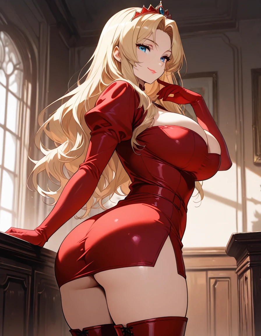 (((princess zelda))), tight red minired dress, black pantyhose, red heels, thin shoulder straps, choker, large breasts, curvy, smiling, highly detailed, 8k, photorealistic, intricate, masterpiece, dramatic lighting, cinematic, fantasy