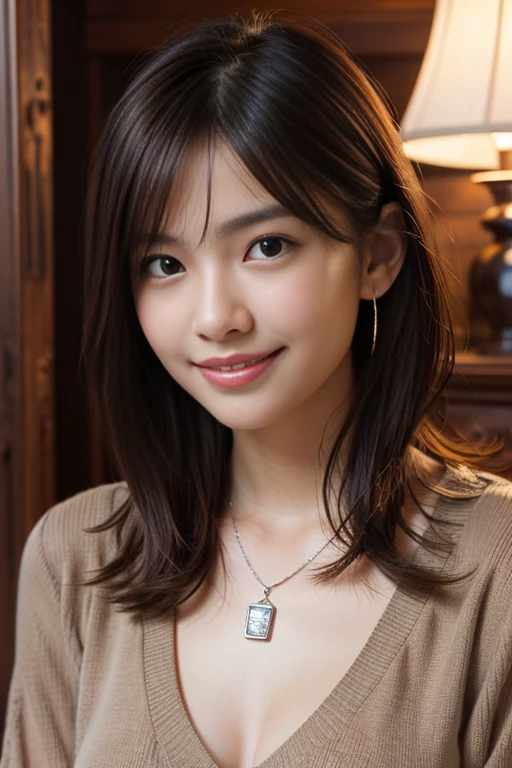 highest quality, figure, Ultra-detailed, finely, High resolution, 8K Wallpaper, 完璧なダイナミックな構figure, ((Sexy pose)), Beautiful Skin, (Big Eyes), 20 year old beautiful girl, Natural color lip, Mid chest, smile, Highly detailed face and skin texture, Detailed eyes, Double eyelid,leaking teeth and laughing, close-up, Brown long hair, (White sweater:1.2), Night view