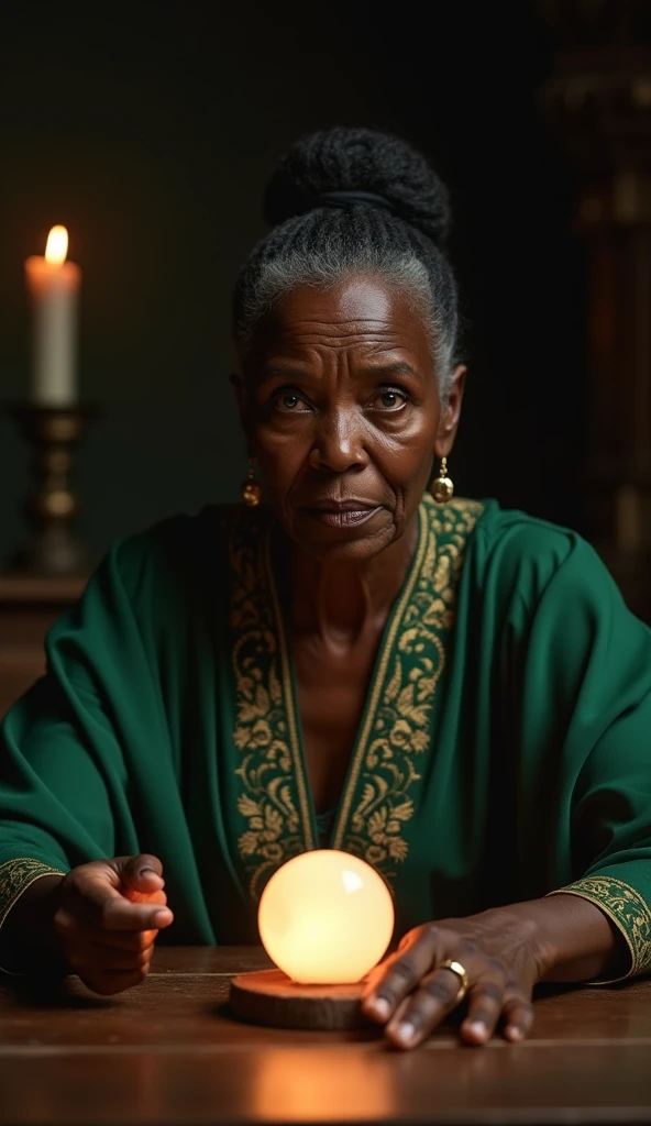 Intricate portrait of a very old African woman with wrinkles, illuminated by warm litted candles, with a backdrop of eerie dungeion . stunning interpretive visual, maximalist scarf and veil. f1.0lens, tilt-shift, shalllow DOF. dramatic lighting. chiaroscuro,