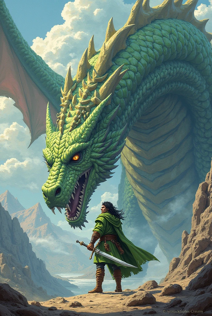 Colossal green dragon destroying a giant