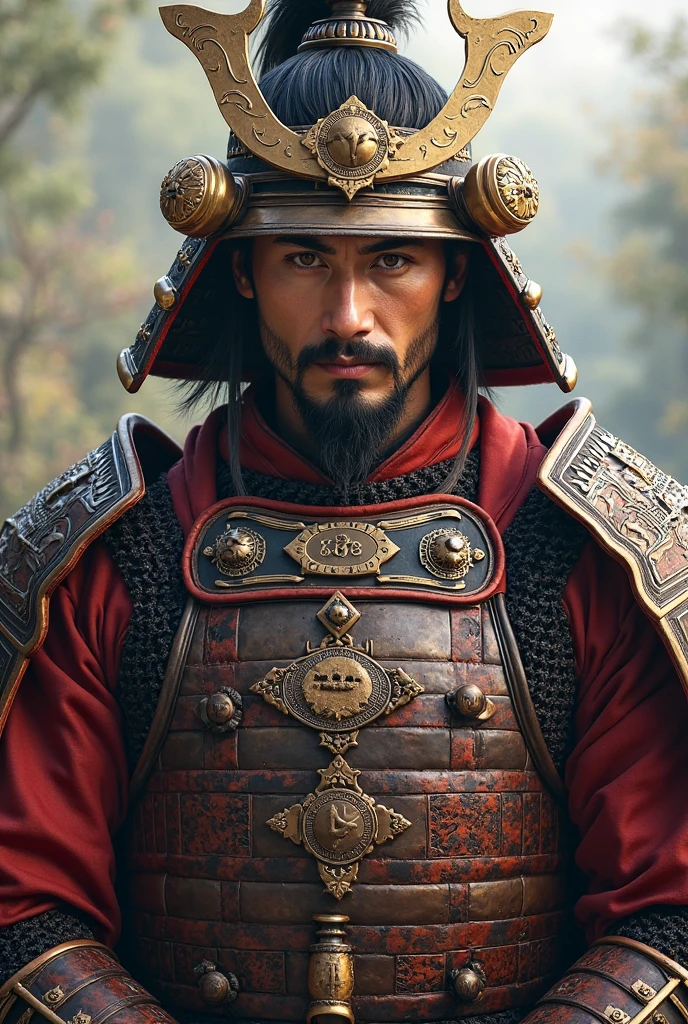 man in samurai armor with fur around the neck and waist, wearing devil helmet, dusty detail ornaments, battle weary, man warrior, armor, epic, face scar, dnd character portrait, intricate, 8k resolution, dynamic lighting, hyperdetailed, unreal 5, volumetric lighting, alphonse mucha, pre-raphaelite, detailed background, mandala, detailed face, detailed eyes, neon eyes