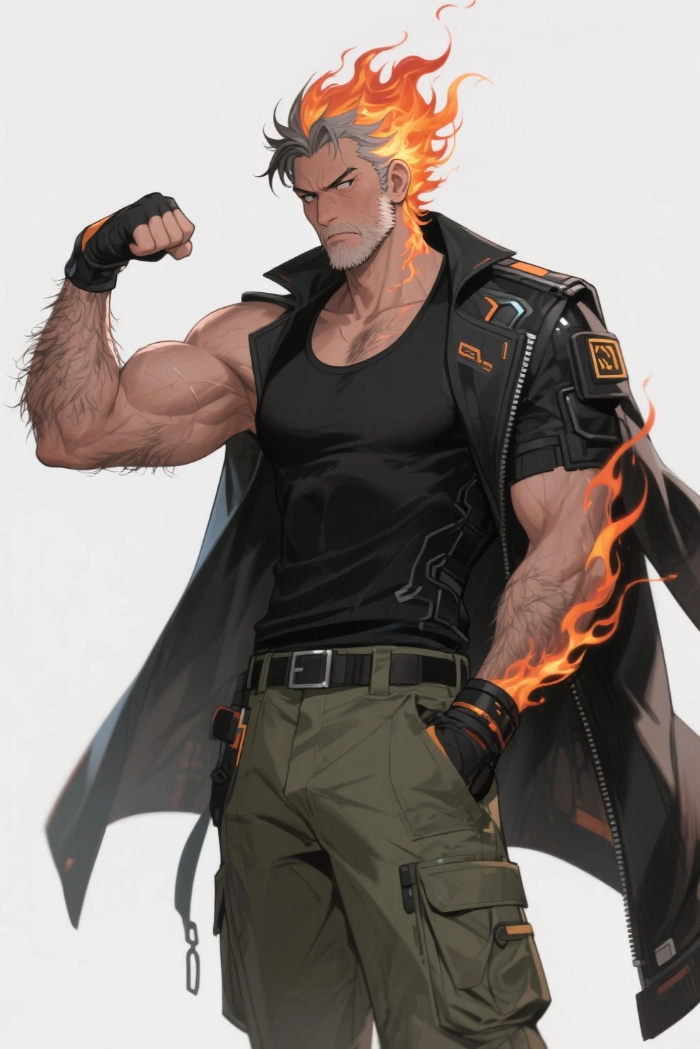 young guy, short black hair, cat ears, red eyes, open chest, muscles, claws, tattoo, scraps, camouflage pants, burns, fire, smile, masterpiece, high quality