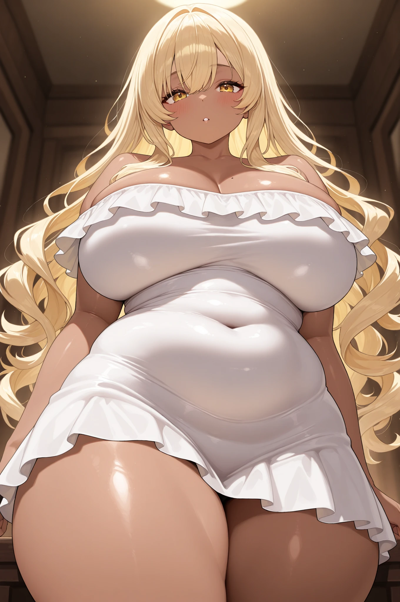 masterpiece, highest quality, expensive_solve, The finer details, Very detailed and beautiful, clear_image, Curvy ,One woman,Huge Breasts, Have, White Background, Both sides up, underwear ,{{{Plump, thick thighs}}}、Knee-high socks,Are standing,Full Body Shot、Happy、Huge Ass ,Perfect body