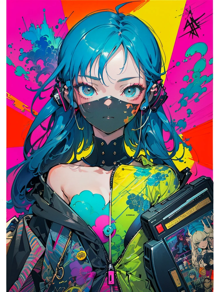 anime, girl, cute, cyber punk, colorful, ink paint Line art, Vector art, Bold line, Glitch Art, Flat Color, Key Visual, Vibrant, Drafting, Line art, Minimalist, masterpiece,Android 18 from Dragon Ball、Big Breasts