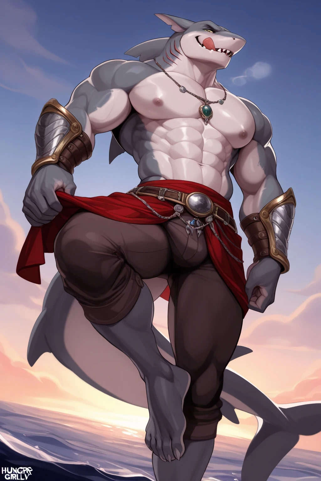 Best quality, raised sexy, nakedness, masterpiece, ultra high res, detailed background,realistic,solo,male,mature,bara naked,muscular,mature male,thick thighs,short hair,facial hair,undercut,short hair,on water,rainbow light, wind Swirling, Aurora, fantasy scenery,depth of field, on leg up, kicking water, feet in the air, big bulge