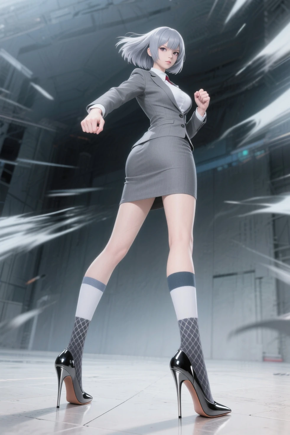 tmasterpiece，Best quality at best，1girll，Young girls，with brown eye，long whitr hair，Umesugigaki smile，shiny skins，（nice leg line：1.3），Big breasts Thin waist，Huge breasts
break
school uniform，tiese，（pencil skirts）），high heels
break，white  panties，white  panties，Transparent lace panties
street，crowd of，depth of fields，looking at viewert，squatt，From the front，full bodyesbian，