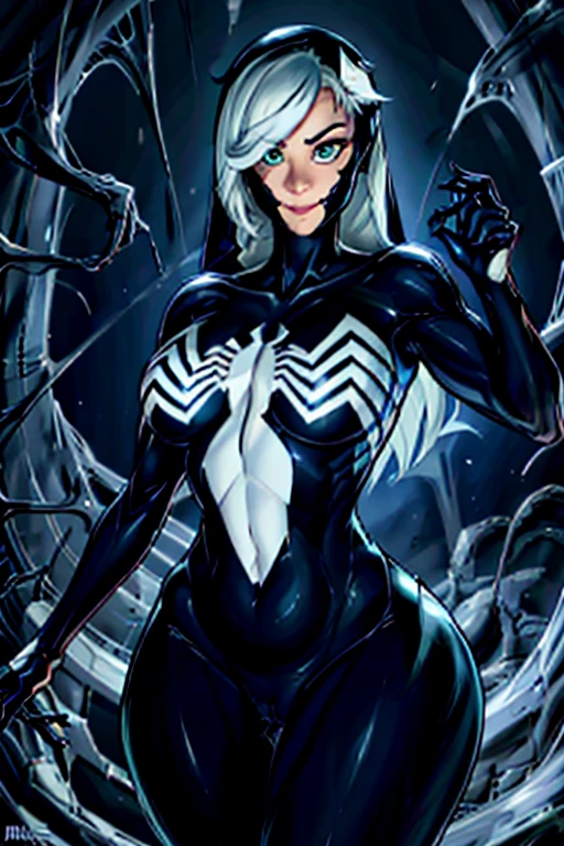 4K，realisticlying，Glamorous，The  very detailed，There  a girl in Dingcheng，White hair，Wearing a black Spider-Man costume，（Black and white：1.4） the night,symbiote，venomize，a large amount of mucus,she  a spiderman，Black superhero theme，In front of the sky，Flushed complexion，( Open legs， camel-toe，， Vulvar shape：1.3）,(GGCameltoe:1.3)Legs apart，25 age old，full bodyesbian