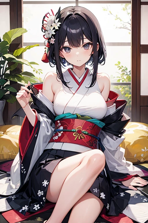 Masterpiece, Superb Style, Hi-Res, One Woman, Black Hair, Medium Hair, Floating Hair, High Ponytail, Side Lock, Hair Ornament, Tassel, Bangs, Open Mouth, Smile, Teeth, Top Teeth Only, Choker, Red Choker, Pendant Choker, Clavicle, Cleavage, Middle Chest, Thigh, Hadanugi Dosa, Broomstick, Japanese Clothing, Kimono, Drawstring, Obi, Obiage, Obijime, Short Kimono, Bare Shoulder, Genshin, East Asian architecture , cherry blossoms, full body, crouch, cross legs, legs,