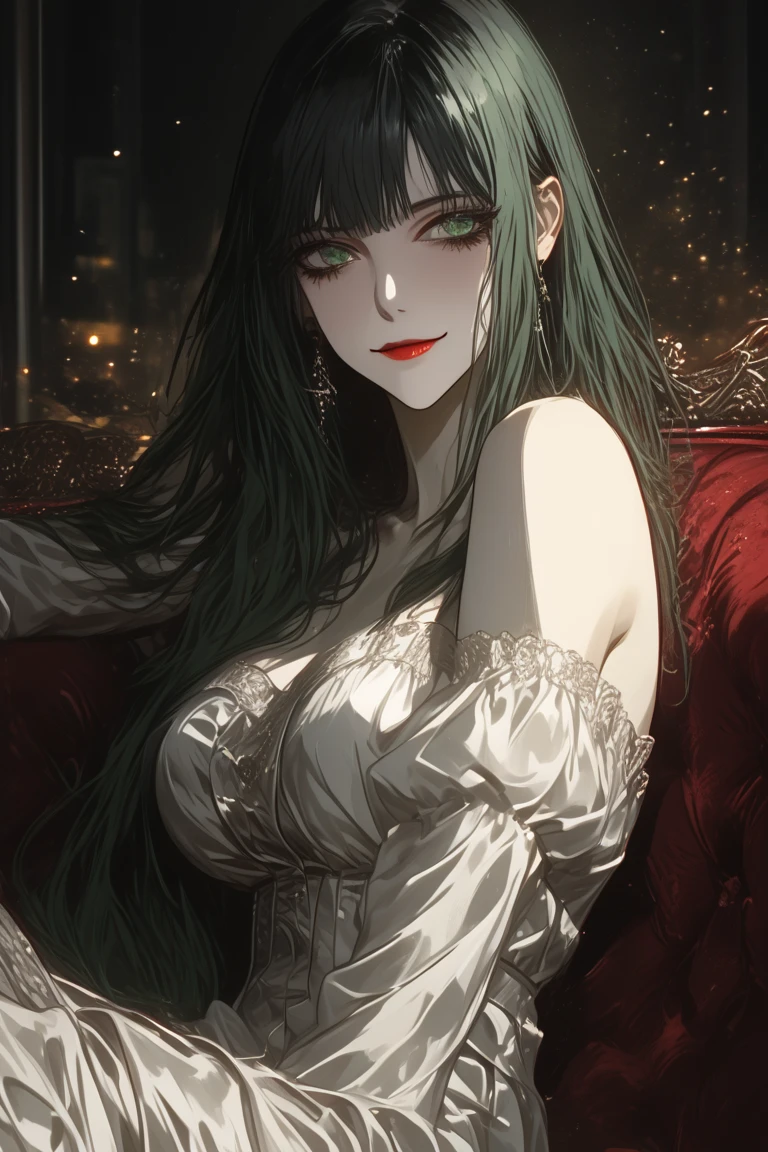 Woman with a necklace and a flower sticking out of tongue, vampiro vitoriano, vampiro vitoriano elegante, female vampire, vampiro mulher, beautiful female vampire, rainha feminina Vampiro bonita, rainha Vampiro bonita, Retrato de uma senhora Vampiro, Vampiro, Green vampire Beautiful female Eve, androgynous vampire, Vampiro, rainha Vampiro, bonito e assustador, gorgeous with sinister vibes