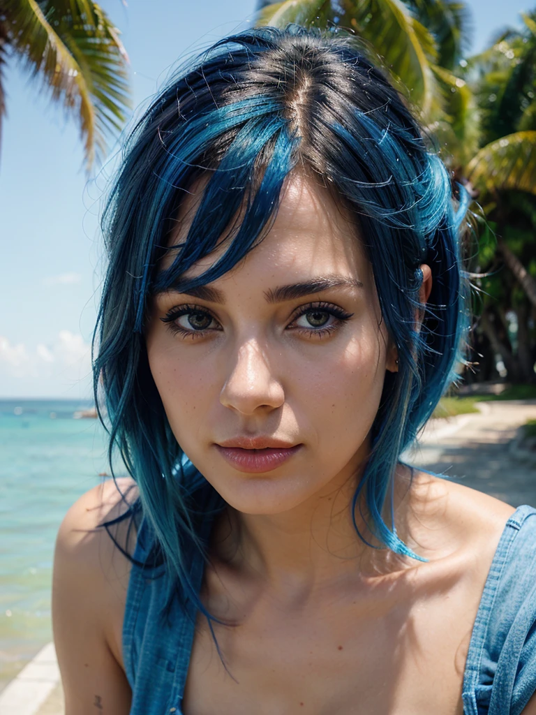 ((best quality)), ((masterpiece)), (detailed), perfect face, blu hairs, seaside, palms, bikini, smiling, gorgeous, perfect, original haircut, magnetic eyes and smile