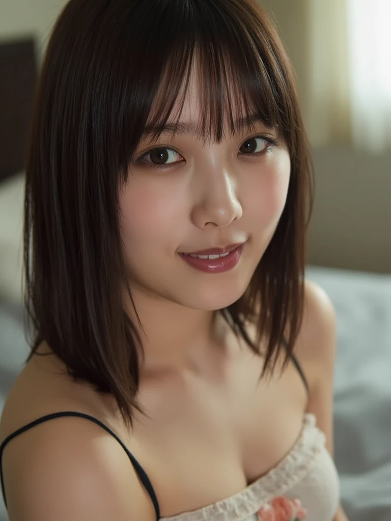 Close-up of a woman in pajamas lying in bed, Beautiful Asian Girl,(( Cleavage)), Japanese Model, Asian Girl, On the bed, Realistic young gravure idol, sexy :8, sexy Girl,smile、smile