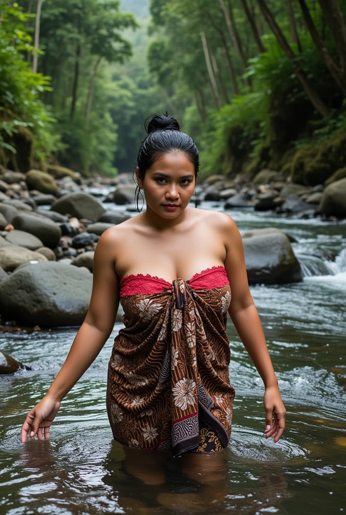 A 52 years old naked Indonesian woman, wearing no bra, wearing cream color panties, villager, poor girl, darker skin, curvy body, short body, small breasts, flat-chested, smiling and standing in a dark forest, look to the viewer with eye close