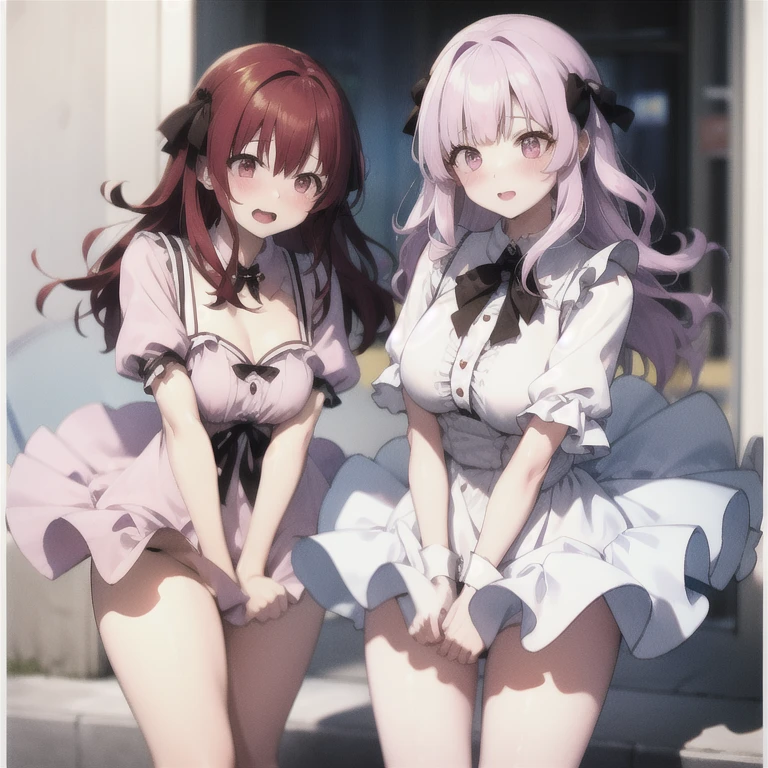 2 Girls with pink hair, long twin-tail hairstyle, ((small pink bushy eyebrows)), dressed in gothic lolita clothing, lolicon (Zankuro) drawing style by zankuro artist, Zancro style, image uploaded to R34, flirty smile, in restaurant, lifting her dress to show her wide and naked hips, underwear in her hands, ((with a question expression ))