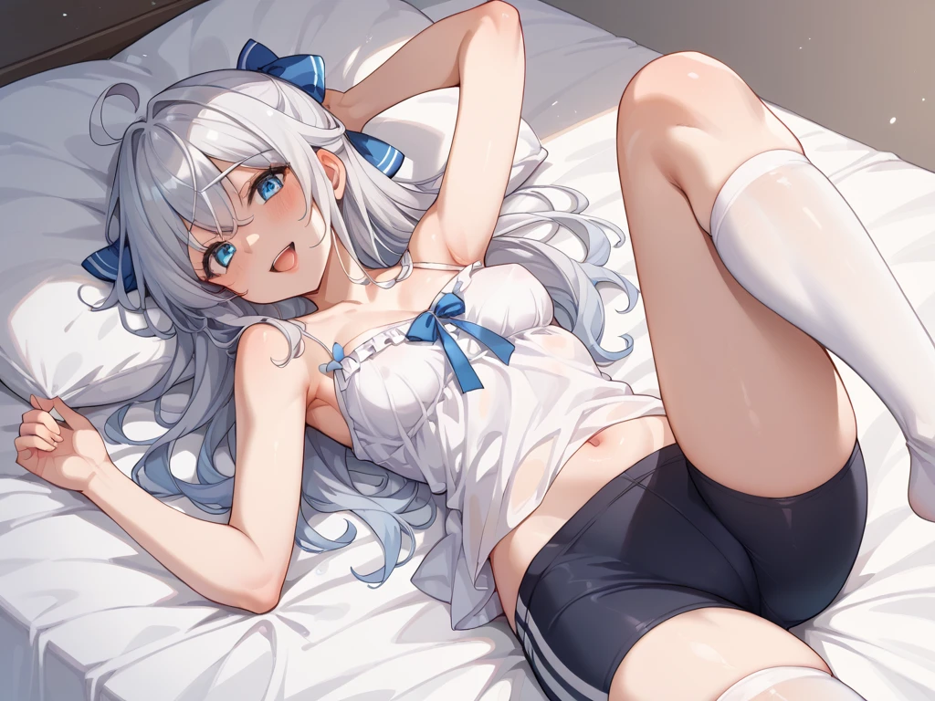 anime, 1girl, ass, bra, thighs, white_hair, big_breasts, bike_shorts, cameltoe, nsfw, seductive anime girl, relaxed_pose, laying stomach on the bed, ass_focus, (Zai_Ji_NARAKA: BLADEPOINT), naraka_bladepoint_game_character, blue_eyes ,sleeping , very_long_hair, Thick_hair, so_much_hAir,proning,prone_position