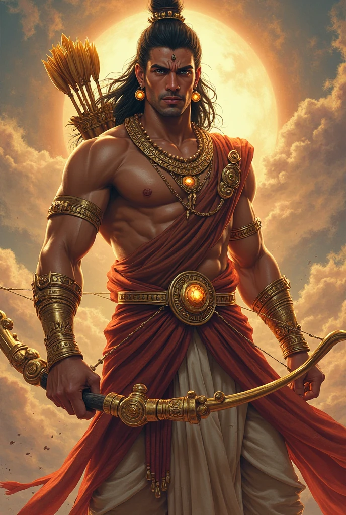 The Mahabharata's Surya putra Karna, with his body armor, earrings, bow, and a background of the sun.