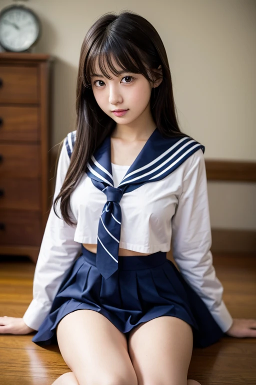 ((highest quality, 8K, masterpece :1.4anime)), highest real,Sharpness:1.3, Perfect Body Beauty:1.4,super detailed face and skin texture,(Glowing skin) ,((super real,best quality)),(soft lighting),super detailed face,top-quality、SUPER high resolution、photo of an exquisitely beautiful JAPANESE girl、Extraordinary beautiful girl、Detailed cute and beautiful face、(pureerosface_v1:0.008)、LONG HAIR cut with beautiful bangs,Attractive bright natural BROWN short straight silky hair、finer hair,alice in the wonderland、18 year old、Glowing white shiny skin、facial hairs、Bangs that extend to the face、Bangs between the eyes、Attractive glowing beautiful bright clear big eyes、eye liner、Double eyelids、Lush bust, ((NSFW:1.5)), my sister,18 years old,((JAPANESE IDOL)),(huge breasts :1.8,large breasts:1.8,beautiful areola,small areola),(Glowing skin),(((Manga style background)),(Inside the room, bright room, Marble floors, white concrete walls,large windows, sunlight shines in),)((Perfectly rendered hands and fingers)),((Look down:1.6,Look at mybreasts:1.6)),((Composition from the front:1.4)),((SMILE FACE:1.4)),(close up face:1.2,upper body:1.2),((school uniform:1.4,sailor suit:1.4,RED SKIRT:1.2,WHITE SHIRTS:1.2)),(Squatting:1.4,cum in pussy:1.4)