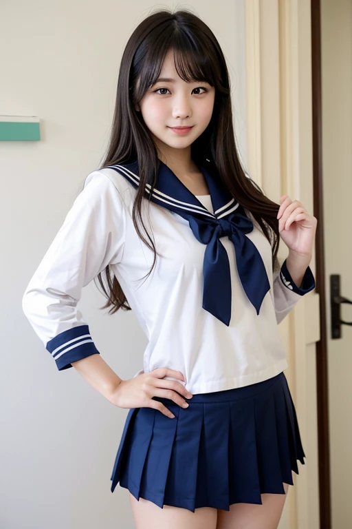 Traditional sailor suit upper body、Japanese high school students、15 year old female, RAW shooting, (realism: 1.8, Realistic), High-definition CG integrated 8K wallpaper, One Girl, camera'sight, ((Straight from the front))), (Headquarters Skin: 1.8, Glowing Skin)), 8k er, Digital single-lens reflex camera, Soft lighting, high quality, (whole body: 0.5) (Professional Lighting: 1.6), Japanese women, 足首からwhole bodyまで, Shooting from the feet up, height: 160cm, Weight 50kg, (((Her skirt is rolled up and her underwear is visible..)))、(((Spread your legs)))