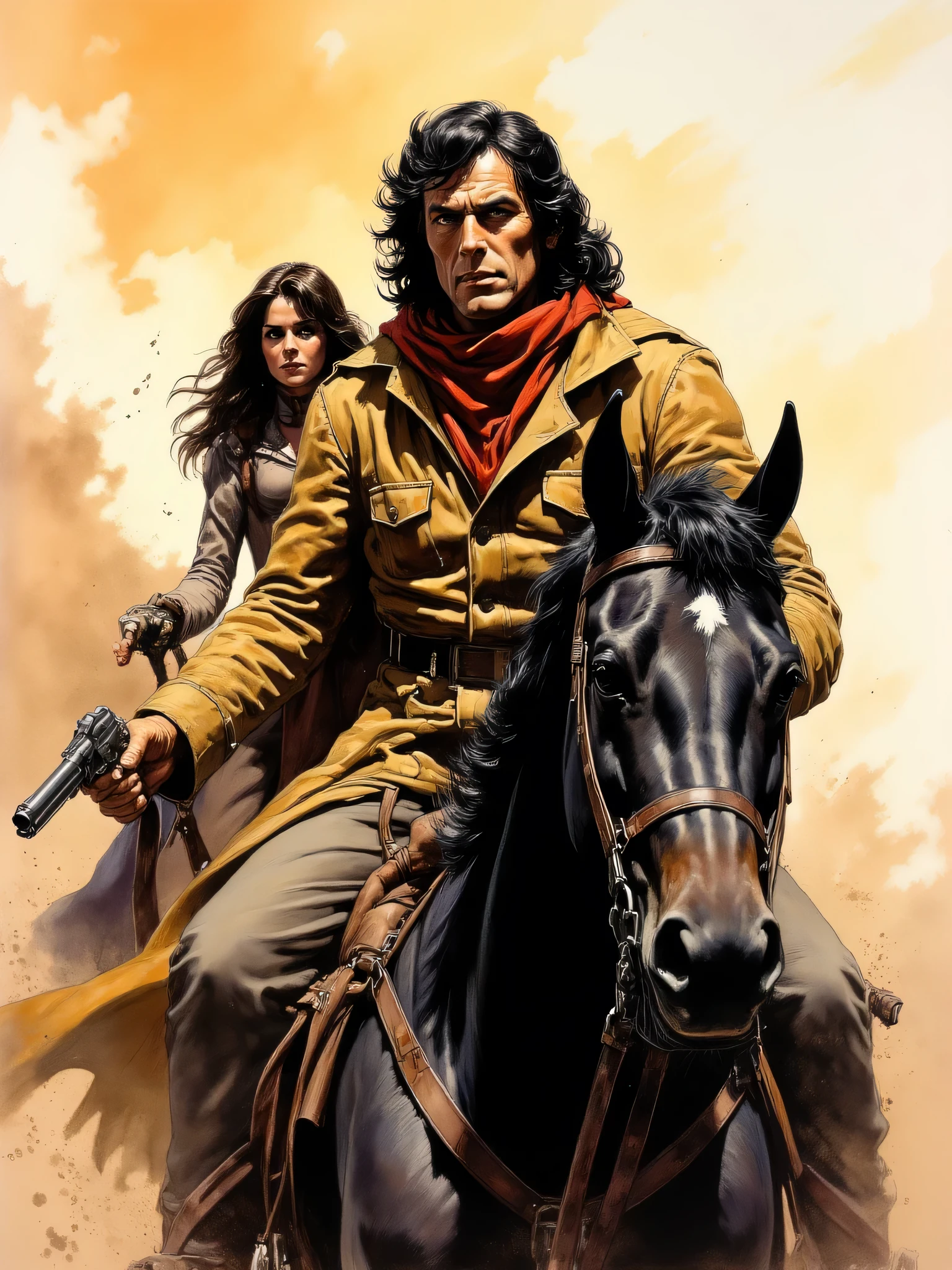 A hardened outlaw with a scarf, rides through a dusty desert on a black horse. His eyes are sharp and alert, scanning the horizon for danger. The wind whips at his tattered cloak, while he is holding a revolver in one hand, His partner in cowgirl outfit rides a horse next to him