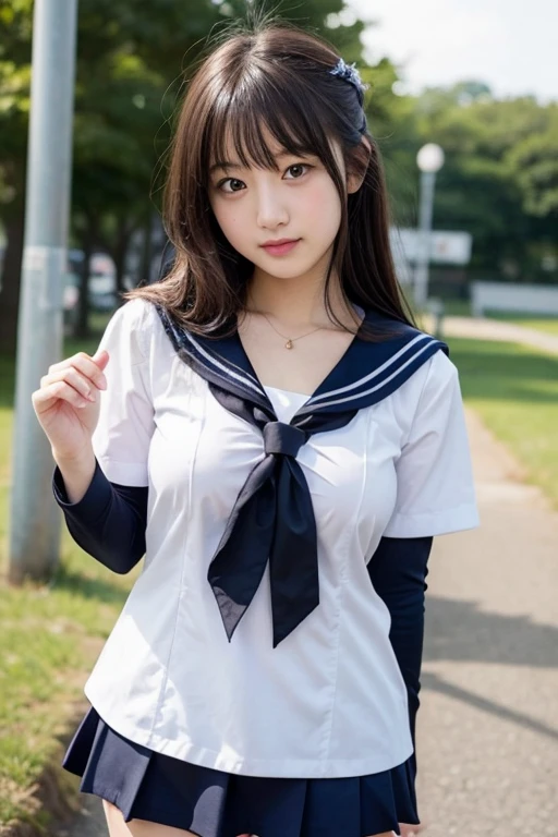 (masterpiece, highest quality:1.2), 8k, official art, RAW photo, incredibly absurd, ( sailor suit, serafuku:1.4), amazing beautiful girl, amazingly cute face, (navy pleated skirt:1.1), close, school uniform, short sleeve, gardenia, violaces, teen, street, looking at the viewer with a smile, no makeup, film grain, chromatic aberration, sharp focus, face light, dynamic lighting, cinematic lighting, detailed eyes and face,short hair、(((white skin without moles)))、 background bokeh、super slim thighs、((Erotic Panties are showing through、beautiful pussy line))、(High twin tails with ribbons:1.4),,((((A very young looking girl:1.3))))、(very young with big breasts:1.2)