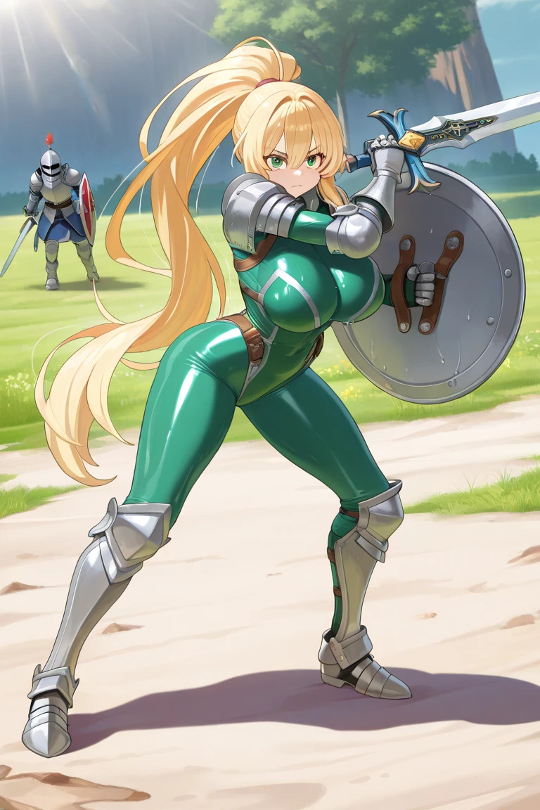 "(masterpiece:1.1), best quality, (NSFW:1.1), 
1girl, (80s anime style:1.3), (eyelashes:1.5), (loli:1.2), 
(intricate high detailed body:1.2), 
green hair, 
(hair slicked back:1.1), (long hair, twin bun:1.1), (headband:1.2), 
blue eyes, (thick eyebrows:1.1), 
(pale skin:1.3), (slim body:1.1), (medium breasts:1.1), 
(angry, smile:1.2), (blush:1.1), 
(string leotard armor:1.2), 
(knight armor, armored boots:1.2), (ribbon:1.1), (streaked hair:1.2), long gloves, 
standing, dynamic pose, 
(upper body, cowboy shot, looking at viewer, from front:1.1),
(daytime, grassland, outdoors:1.1)"