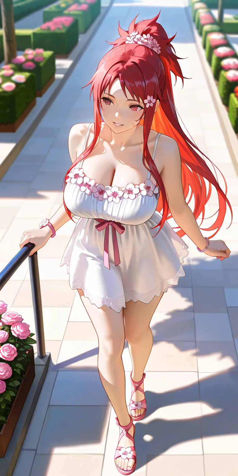 masterpiece, best quality,A beautiful woman with light delicately filtering through her red hair, her summer  is beautiful, she's using a white leotard under her  and she's standing in front of a cottage