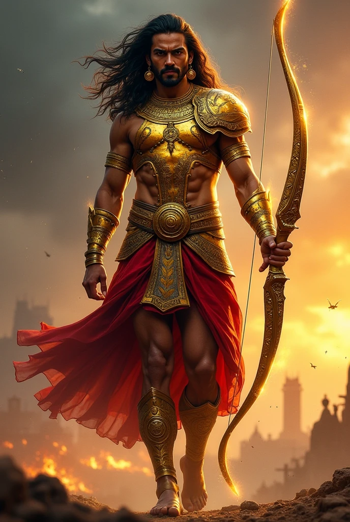 Surya puthra Karnan baground sun hand bow warrier kurukshetra war normal hair body Armor sun disign