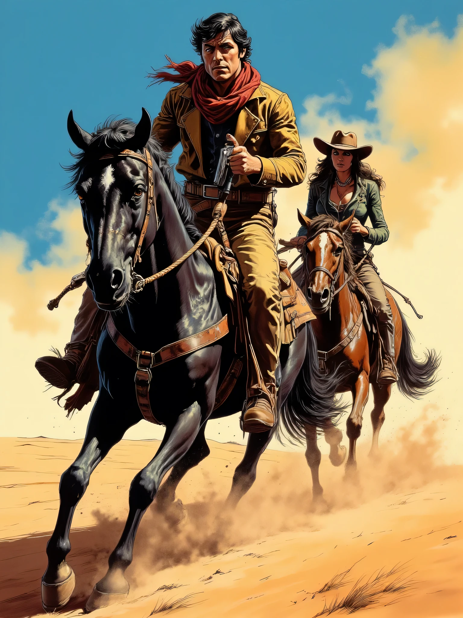 A hardened outlaw with a scarf, rides through a dusty desert on a black horse. His eyes are sharp and alert, scanning the horizon for danger. The wind whips at his tattered cloak, while he is holding a revolver in one hand, His partner in cowgirl outfit rides a horse next to him