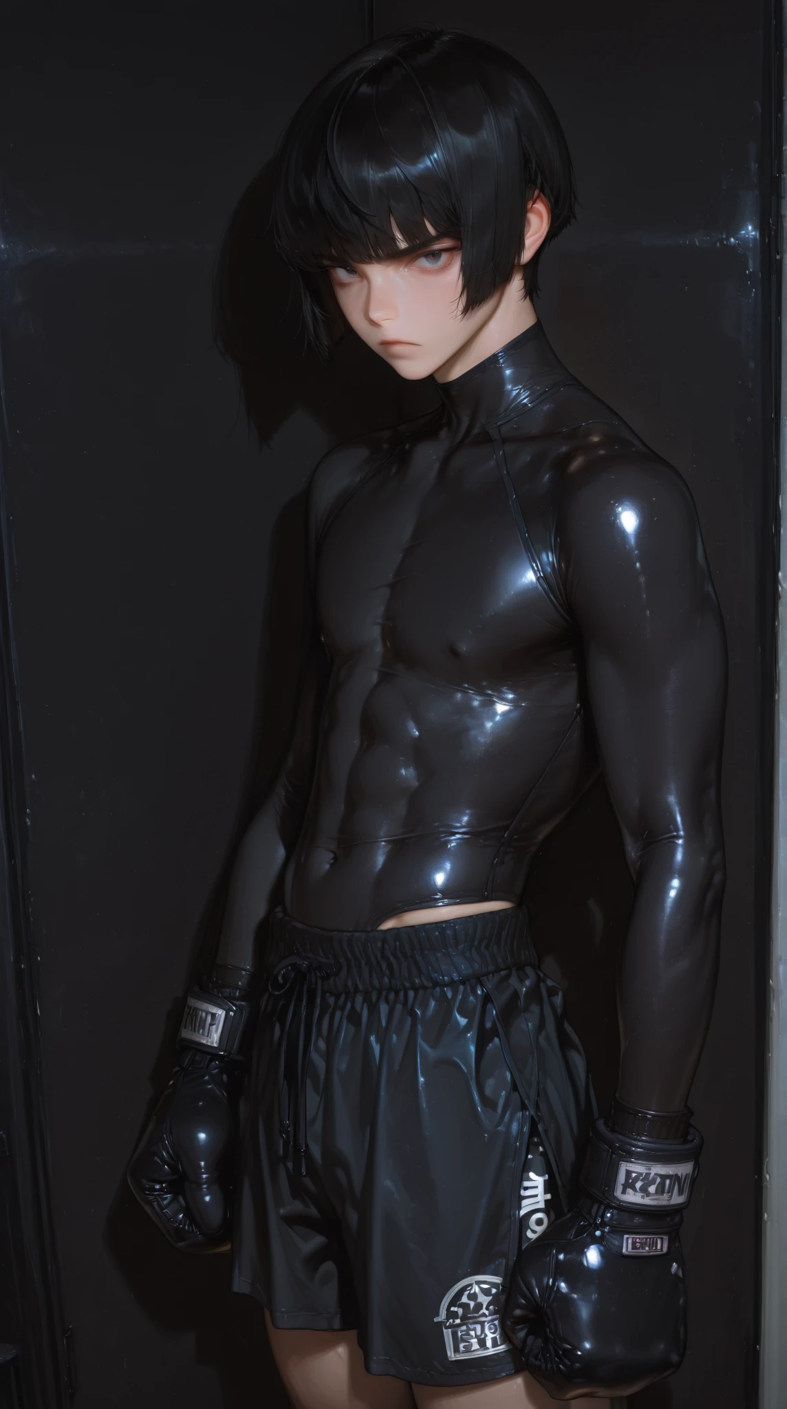 Cute prison boys, spandex shorts:1.2, black hair, (his tall is shorter than others:1.2), 5 boys talking, (11 years old:1.2), detailed big hard bulge, penis, topless