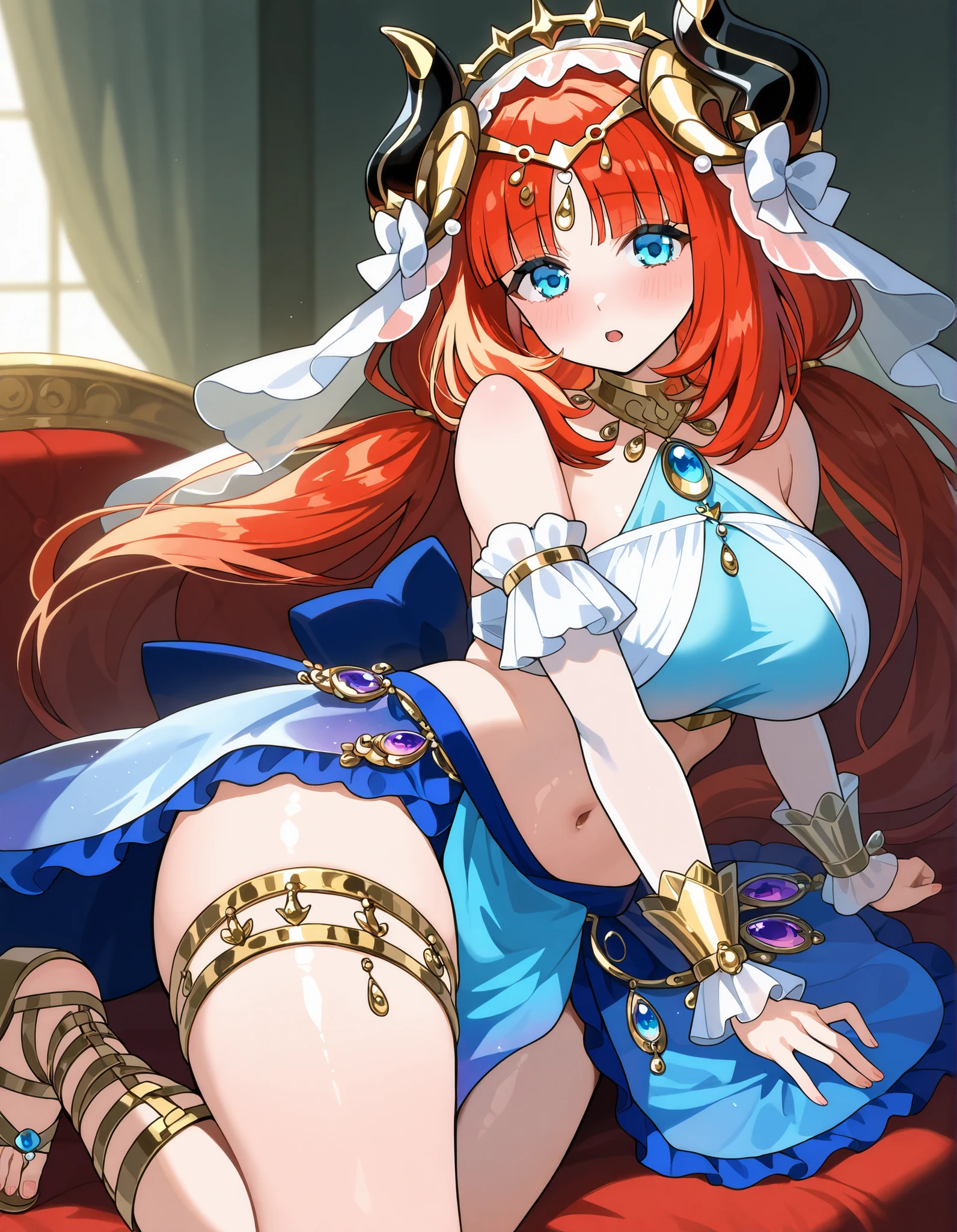 Nilou Red Hair Blue Eyes Beautiful Girl Twin Tails Blue Waist Cloth Dancer Cropped Top Detached Sleeve Square Veil White Veil Sandals Gladiator Sandals Blue Skirt Big Breasts Nice Buddy Glamour Melo Melo Delle Delle Delle, cute , pretty details