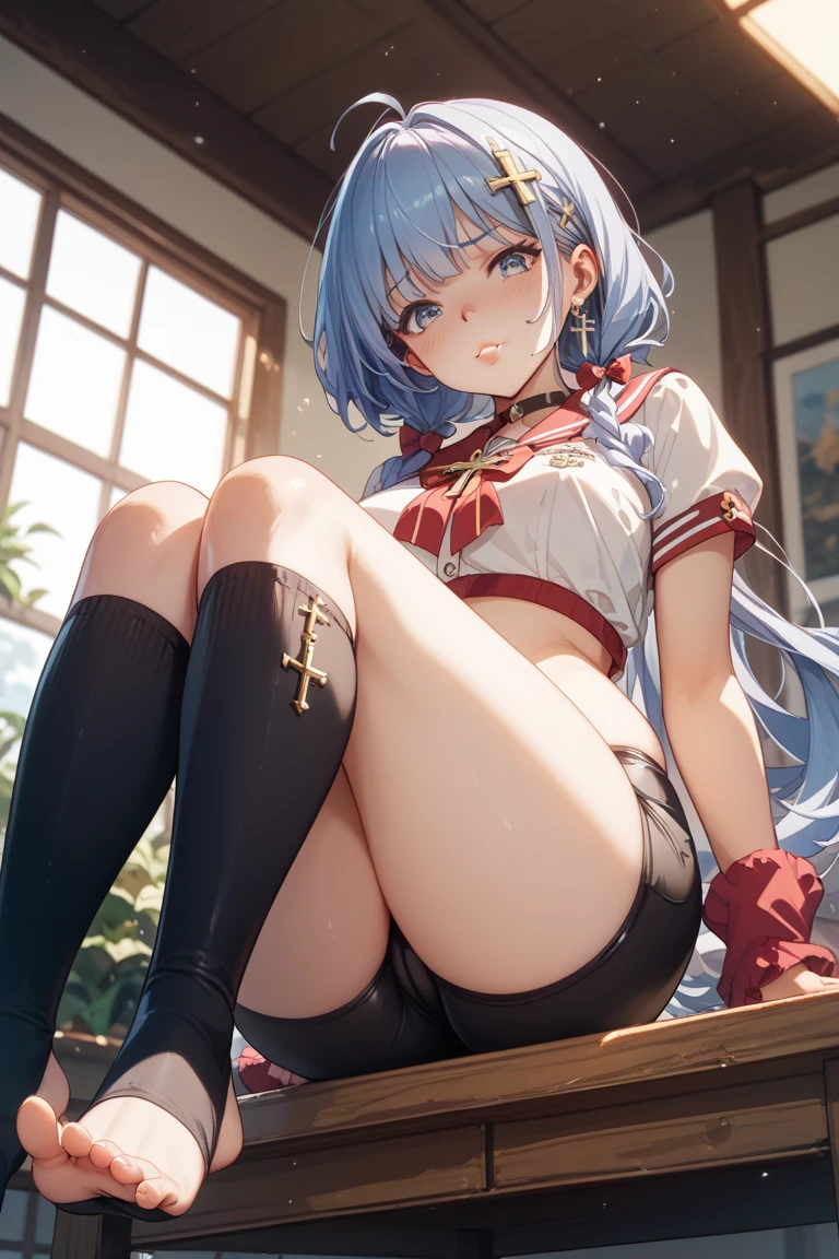 a cute girl, {arms up,chain, chained, chained arms} , stone floor and wall, prison,detailed wall, blush,embarrassed, sweatdrop, {{{Crying a lot, Sweaty, orgasm face, cute}}} ,perfect lighting, high detailed skin, gleaming skin, {{bras}}, disheveled black bra, ((full back panties)) ,trousers, stomach, side ponytail, hoshimachi suisei,flat tits,flat breasts,（flat chest）,slender , skinny , plaid beret, crown, blue star choker, star earrings, blue ascot, plaid jacket, plaid skirt, layered skirt, partially fingerless gloves, star bracelet, uneven legwear, thigh strap, wet, (legs up:1.15),(open legs:1.3) , beautiful legs,((breast close-up))
