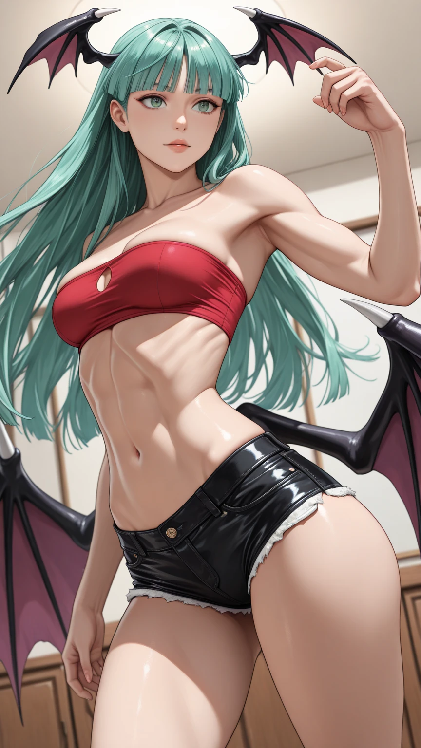 (best quality, masterpiece:1.1), (Intricate detailed:1.2),   ((close up,   (facing down:1.2),  1girl, confused face, green hair, short hair, blunt bangs,   ponytail,   (fangs), (vampire), bet wings abs, muscle, muscle girl, (red bikini:1.3) BREAK ( gym) in the background,  ):0.8)