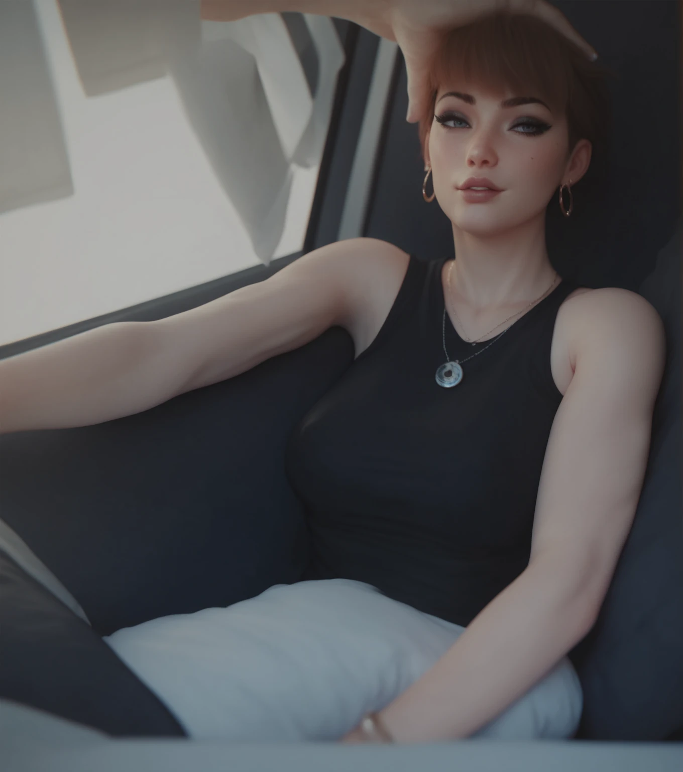 1 beautiful woman, big body, blonde, eyelid makeup, long-sleeved shirt, white shirt, cleavage, pink skirt, high-heeled shoes, black shoes, sleeping sitting on the bus, mouth open, eyes closed