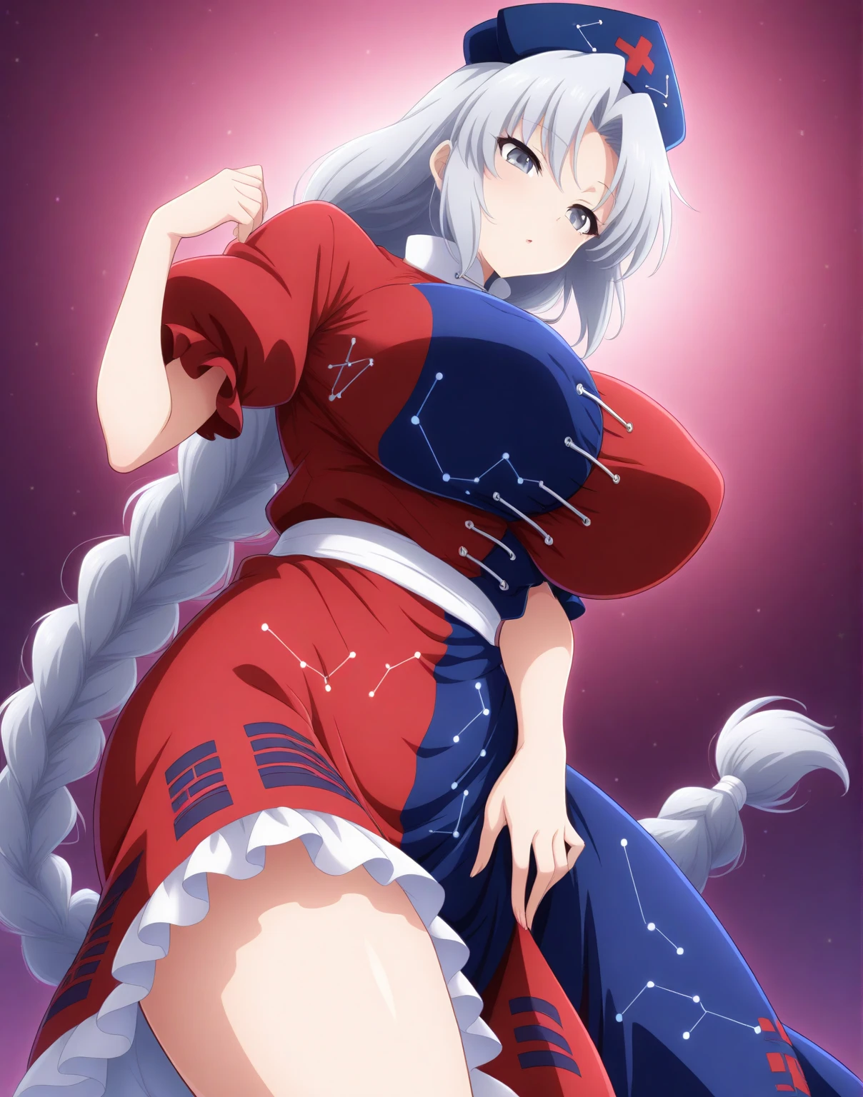 (((blue fire manipulation)))、(red cat eyes)、Solo,Silver hair、(twin tail hair:1.5)、(DEMON horns),underboob、girl with horns、(SAMURAI)、(((Japanese KIMONO armor)))、(((Fishnet tights)))、cleavage、big breasts、 、moonlit night、 ferocious smil、fang 、tongue licking、((seiza, formal sitting, kneeling. seiza. ))、magic circle appears
