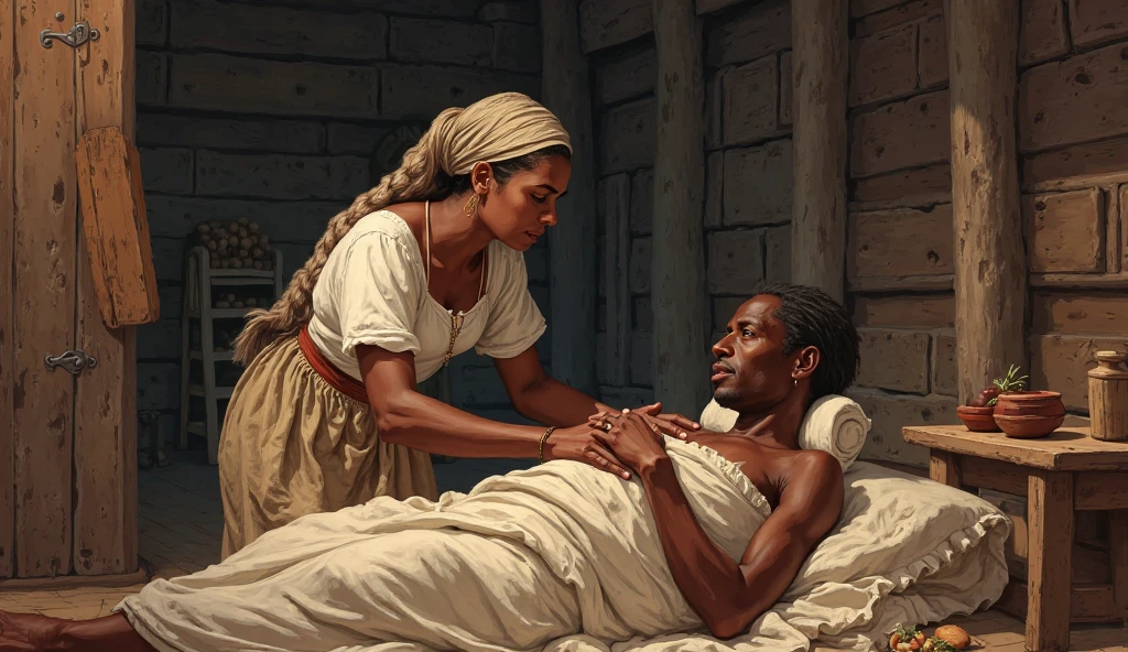 I need you to make me a picture of one (BLACK SLAVE)young woman from 1490 checking a (White man)  with wounds on the back 